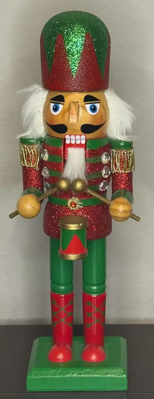 Vintage Drummer Nutcracker, Red and Green Glitter Festive Christmas Decor 10”